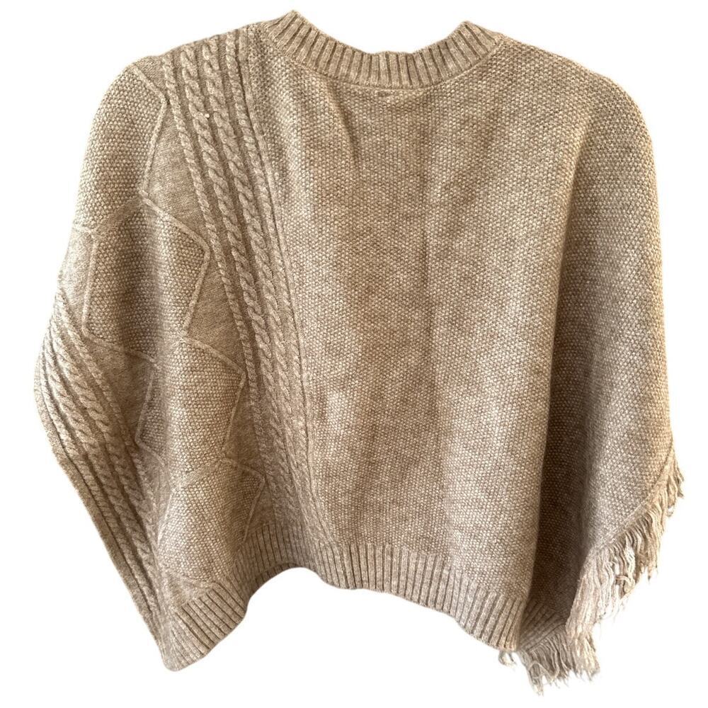Francesca's Boho Poncho Sweater Fringe Cable Knit L/XL Tan Taupe Boho Chic Cozy - Picture 3 of 8